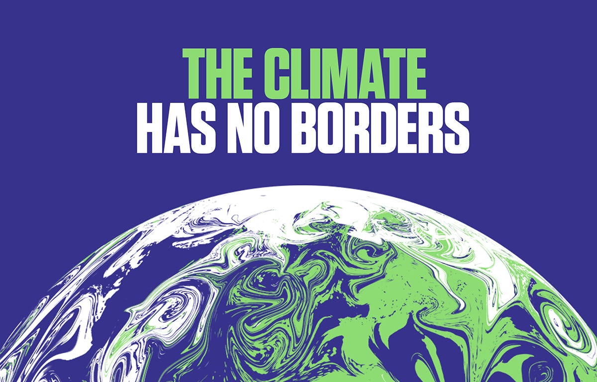 "The climate has no borders" over the image of the top half of the Earth, in the style designed for COP26.